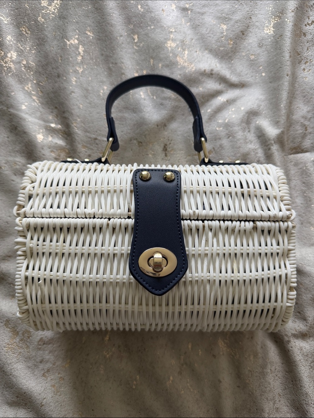 White Woven Mini Top-Handle Bag with Navy Trim